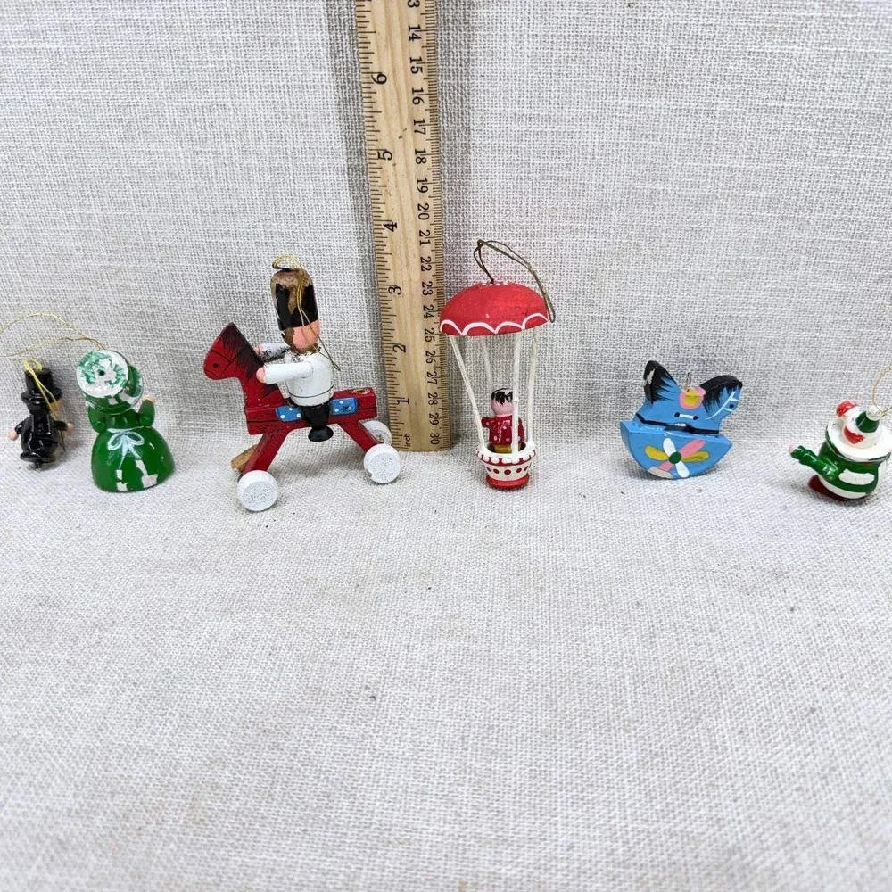 Vintage Hand Painted Wooden Christmas Ornaments Lot of 6 Soldier Balloon Clown